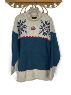 Vintage Womens 90s Eddie Bauer Fair Isle Snowflake Wool Oversized Sweater L